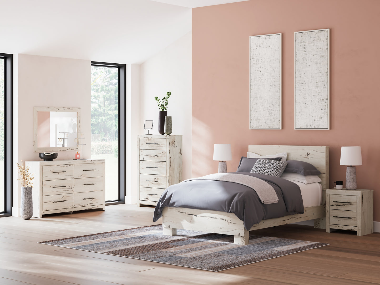 Lawroy Full Panel Bed with Mirrored Dresser, Chest and Nightstand