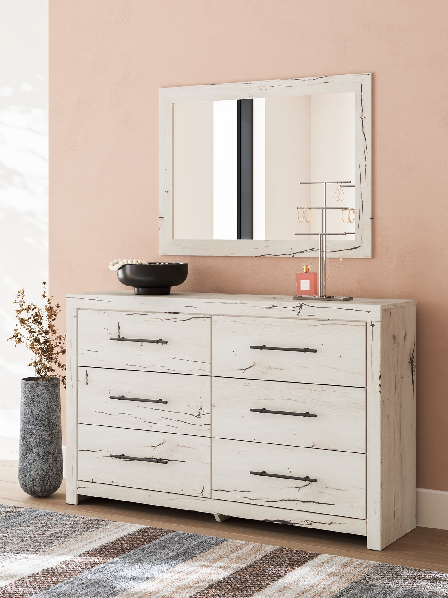 Lawroy King Panel Bed with Mirrored Dresser, Chest and Nightstand