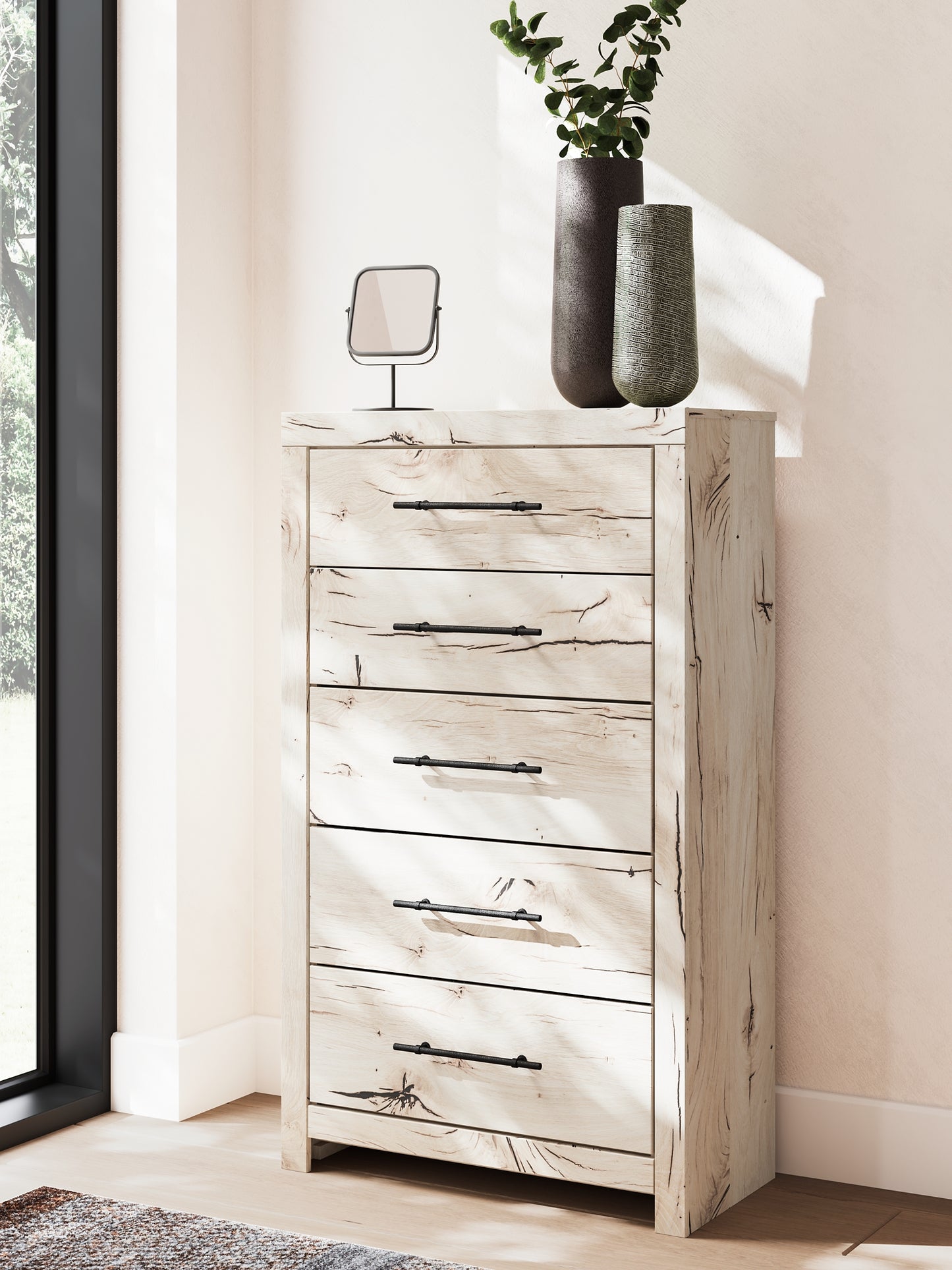 Lawroy King Panel Bed with Mirrored Dresser, Chest and Nightstand