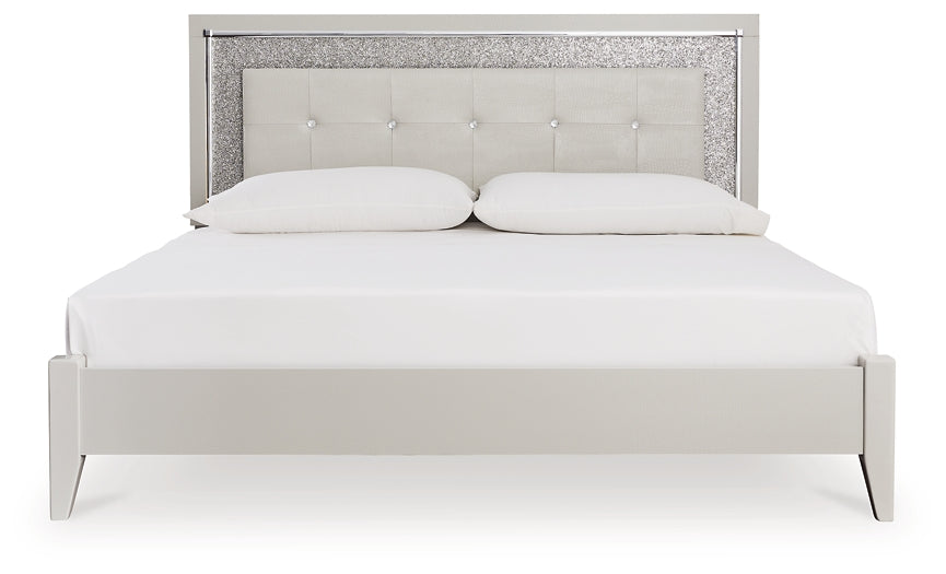 Zyniden King Upholstered Panel Bed with Mirrored Dresser