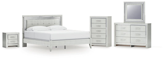 Zyniden King Upholstered Panel Bed with Mirrored Dresser, Chest and Nightstand