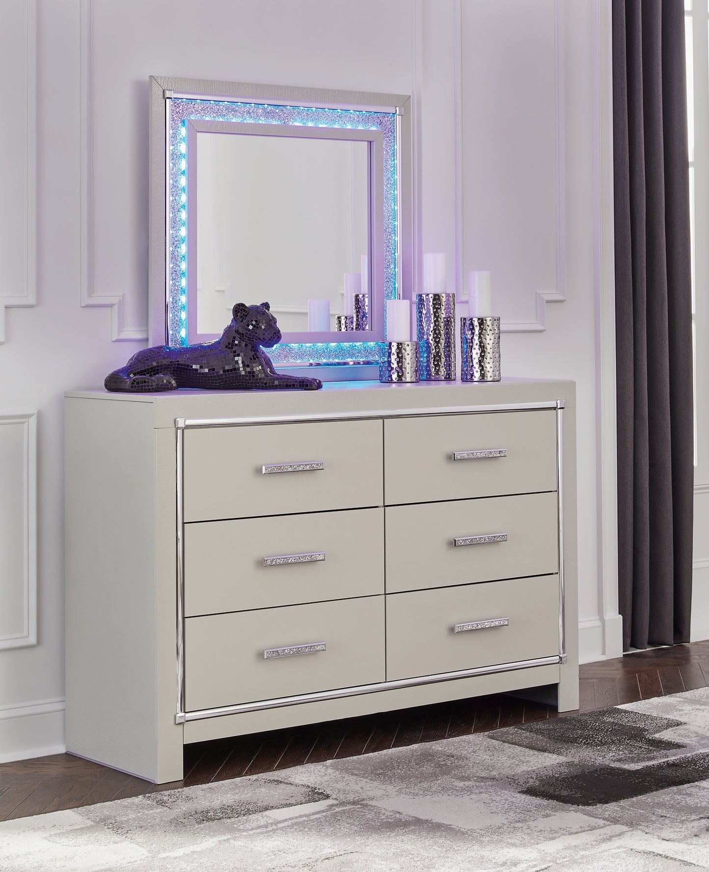 Zyniden Queen Upholstered Panel Bed with Mirrored Dresser, Chest and Nightstand