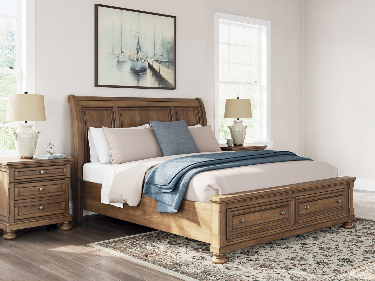 Feddinger California King Storage Sleigh Bed with Mirrored Dresser and Nightstand