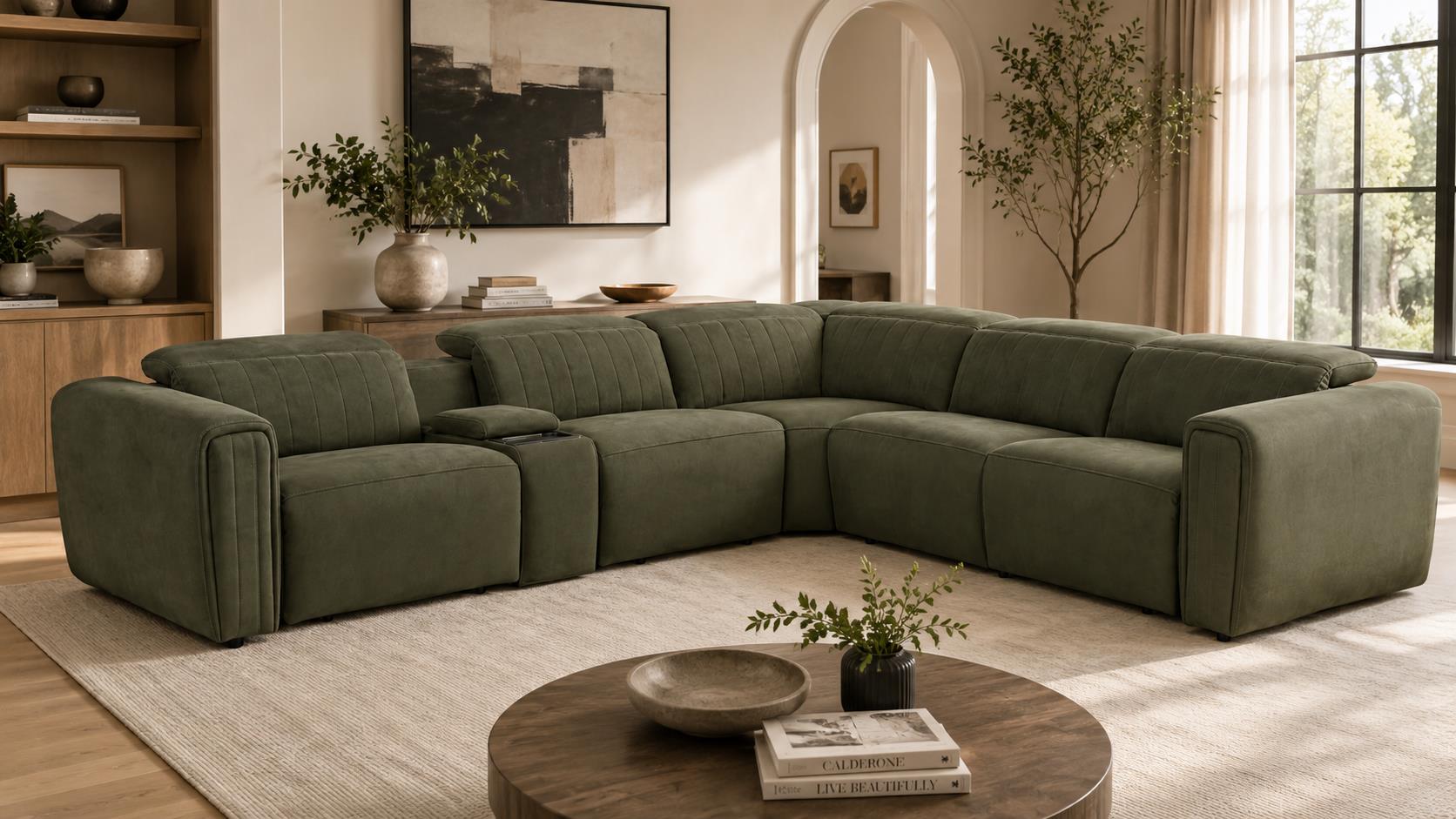 An Verona Forest modular fabric sectional sofa in a modern, POWER RECLINER SECTIONAL FEATURING 3 DUAL POWER RECLINERS (POWER FOOTREST AND POWER HEADREST) WITH USB A/C PORTS
CONSOLE INCLUDES A WIRESLESS CHARGER & BLUETOOTH SOUNDBAR
SEAT IS CONSTRUCTED WITH 2.5LB HIGH DENSITY FOAM WITH 1” OF MEMORY FOAM.
EXPECTED END OF AUGUST 2026
8091
SKU
DESCRIPTION
LENGTH
DEPTH
HEIGHT
PRICE
8091 – LAF PWR RECLINER
LAF PWR RECLINER
44”
44”
31.5”
8091 – CONSOLE
CONSOLE W/ WIRELESS CHARGER AND SOUND BAR
13”
44”
27”
