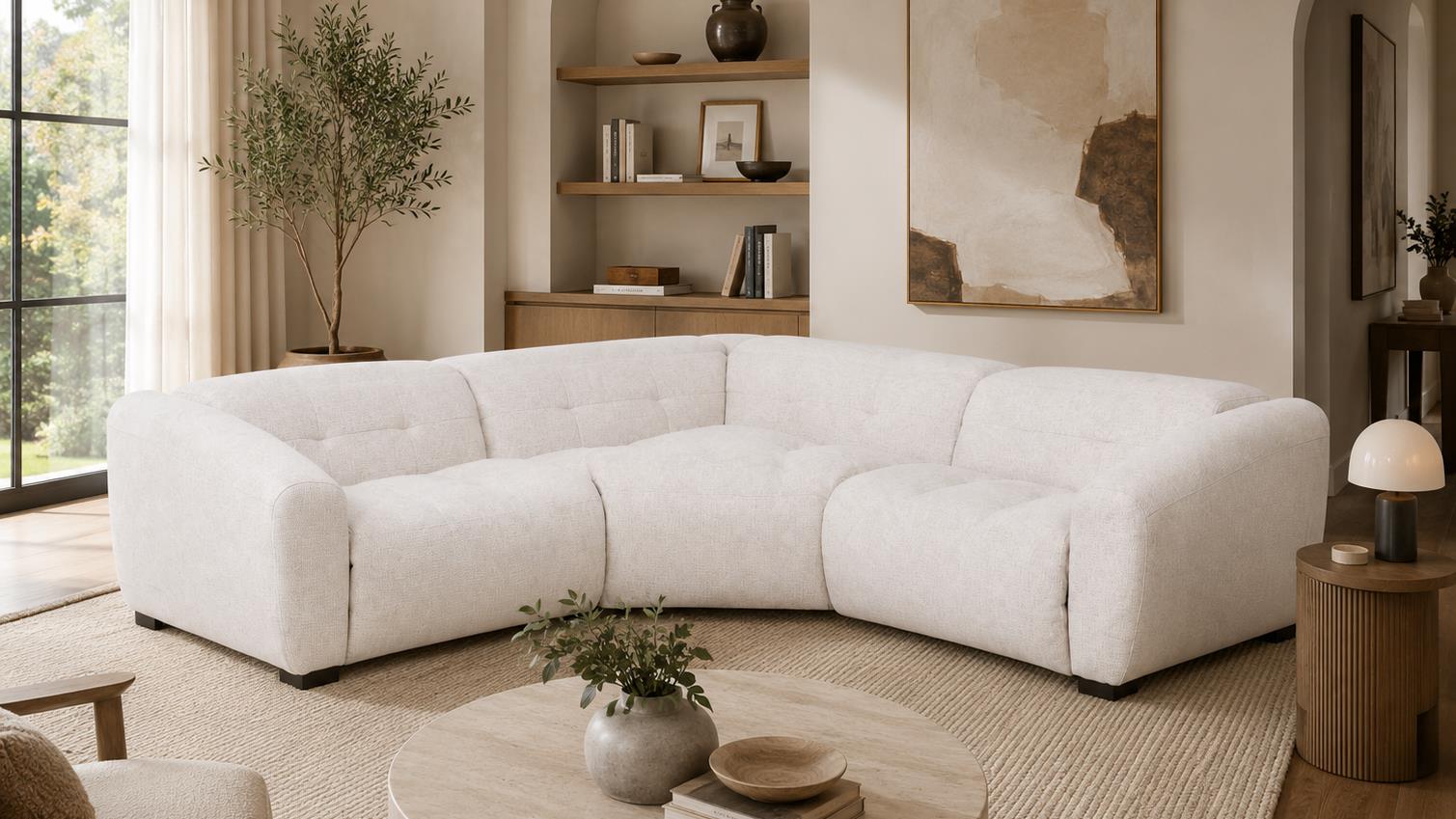 A curved RANI PEWTER upholstered sectional sofa in a bright, modern living room POWER RECLINER SECTIONAL FEATURING 2 POWER RECLINERS WITH USB A/C PORTS
SEAT IS CONSTRUCTED WITH 2.5LB HIGH DENSITY FOAM WITH 1” OF MEMORY FOAM. INCLUDES FEATHER DOWN SEATING

8092 – LAF PWR RECLINER
LAF PWR RECLINER
49”
44”
31”

8092 – SUPER WEDGE
SUPER WEDGE
63”
63”
31”

8092 – RAF PWR RECLINER
RAF PWR RECLINER
49”
44”
31”