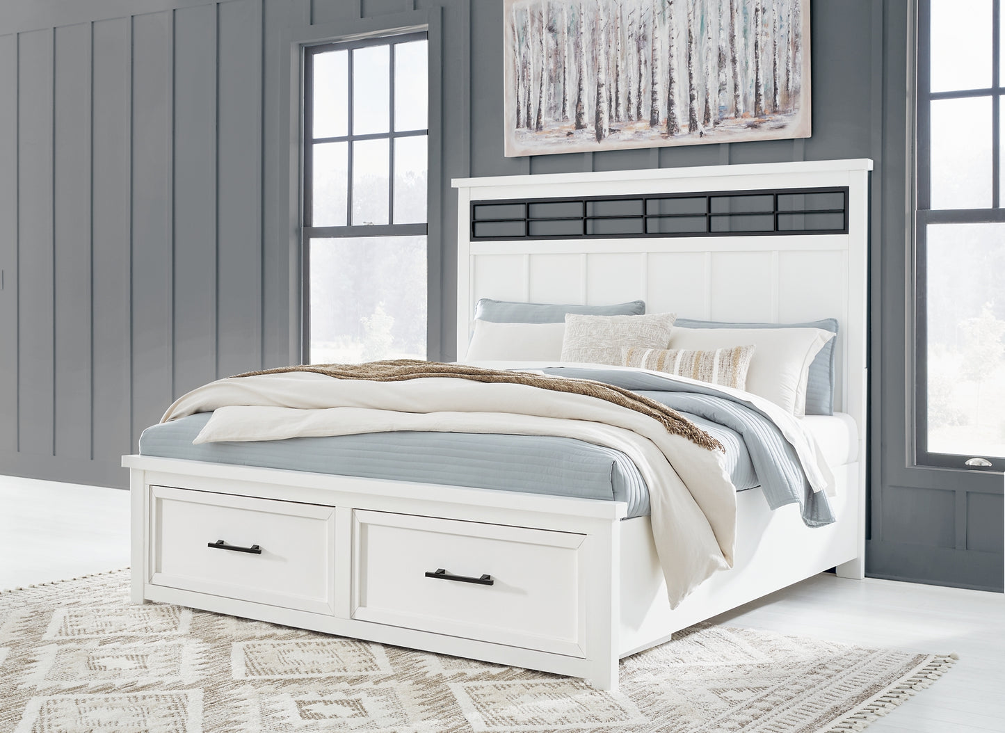 Ashbryn King Panel Storage Bed with Mirrored Dresser and Nightstand