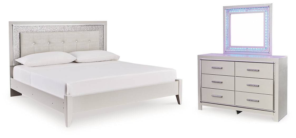 Zyniden King Upholstered Panel Bed with Mirrored Dresser