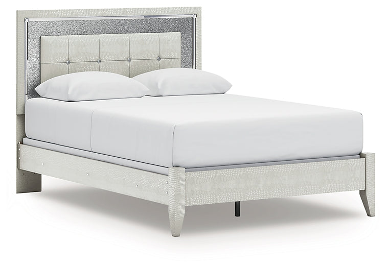 Zyniden Queen Upholstered Panel Bed with Mirrored Dresser, Chest and Nightstand
