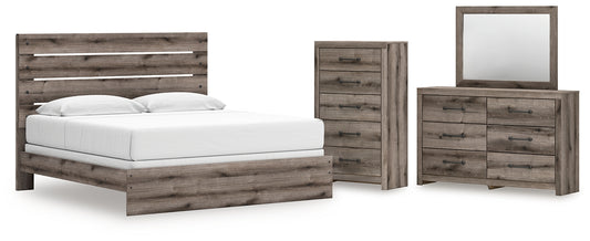 Graystorm King Panel Bed with Mirrored Dresser and Chest