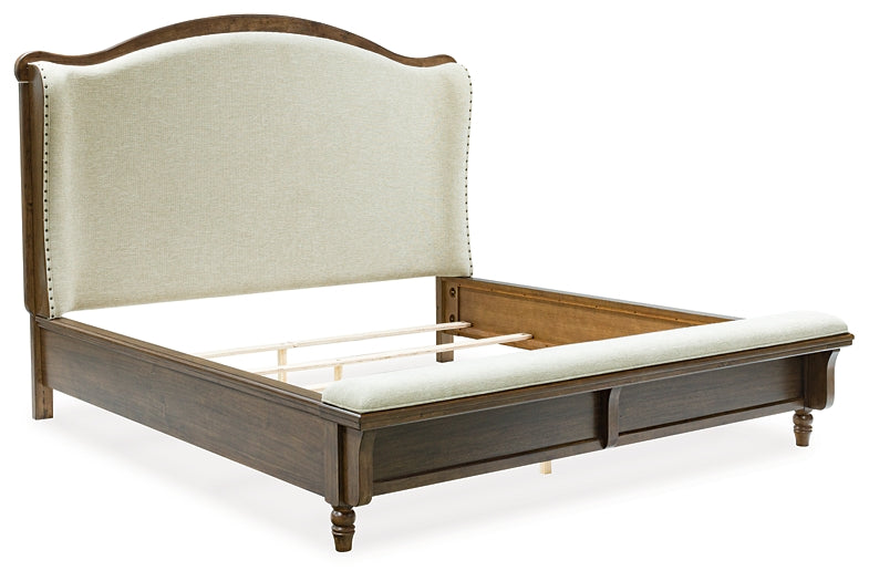 Sturlayne King Upholstered Panel Bed, Dresser and Mirror