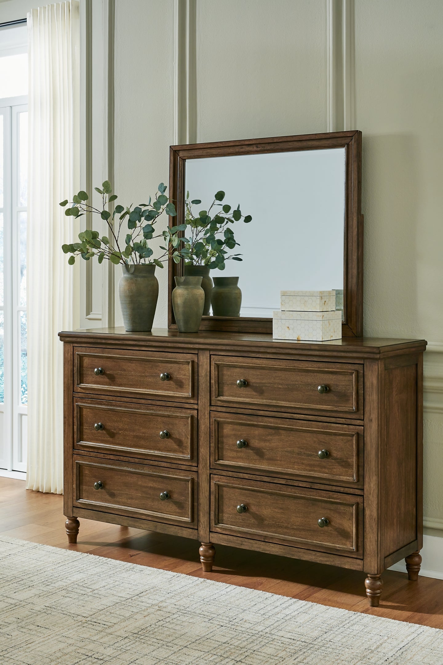 Sturlayne King Upholstered Panel Bed with Mirrored Dresser and Nightstand