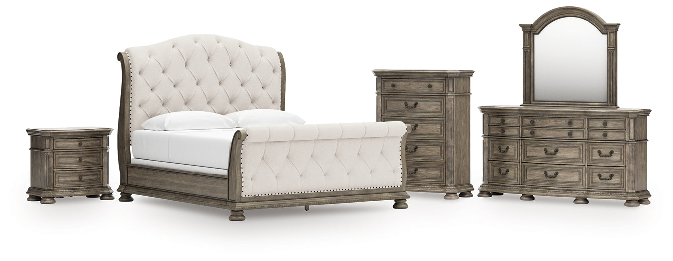 Ardenfield King Upholstered Sleigh Bed, Dresser, Mirror, Chest and Nightstand