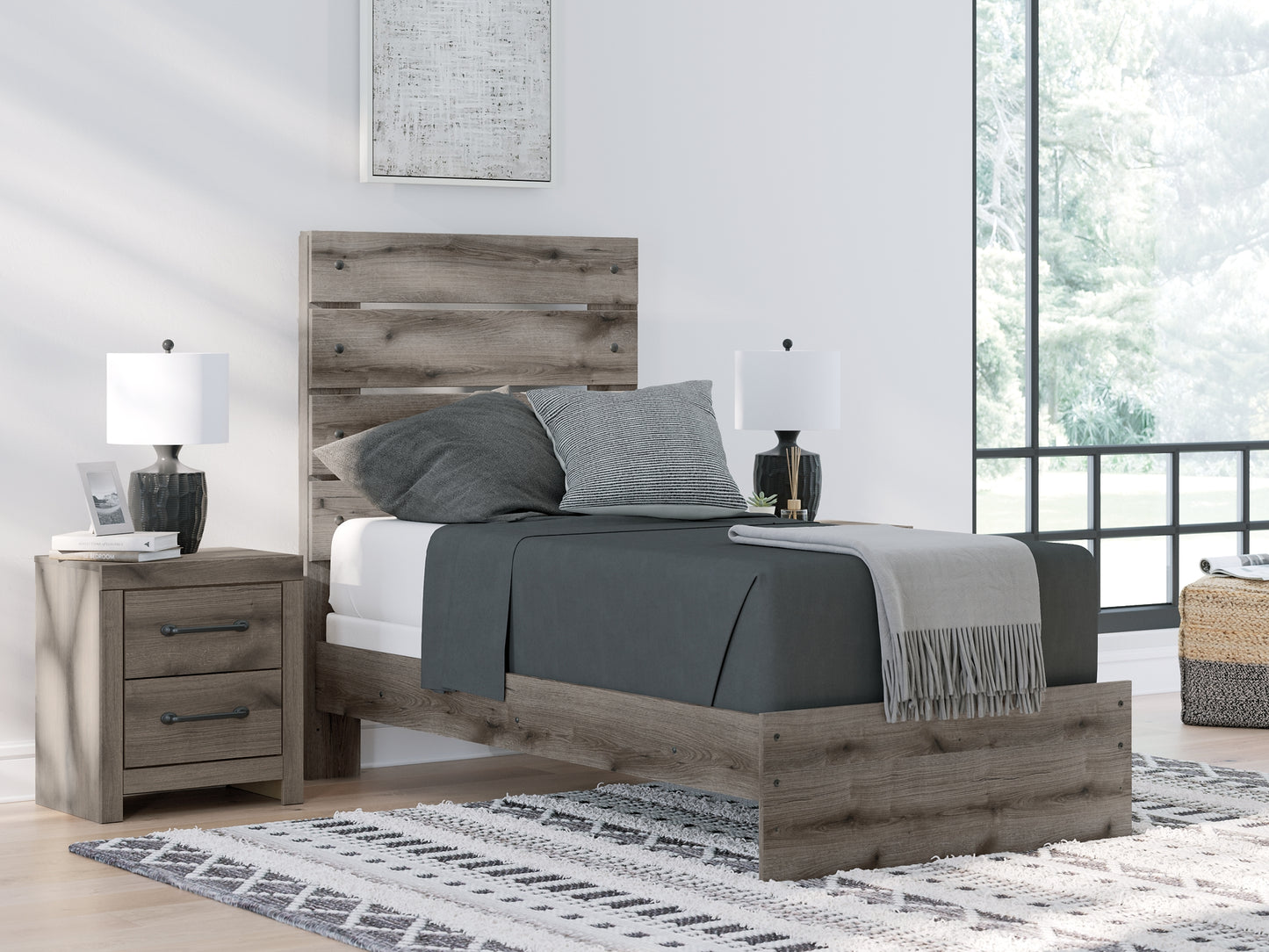 Graystorm Twin Panel Bed with Mirrored Dresser and Nightstand