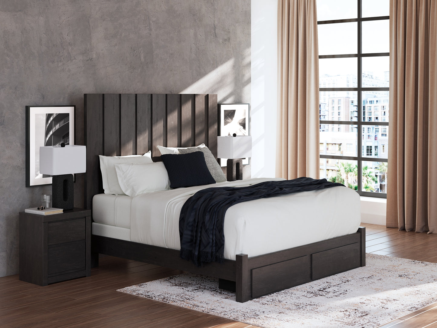 King Panel Storage Bed with Mirrored Dresser and Nightstand