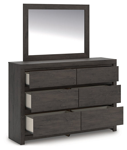 Queen Panel Storage Bed with Mirrored Dresser and Chest