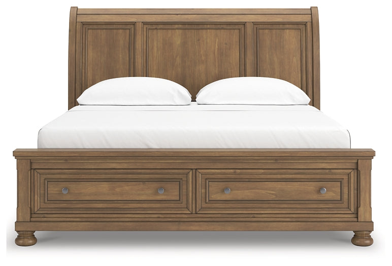 Feddinger California King Storage Sleigh Bed with Mirrored Dresser, Chest and Nightstand