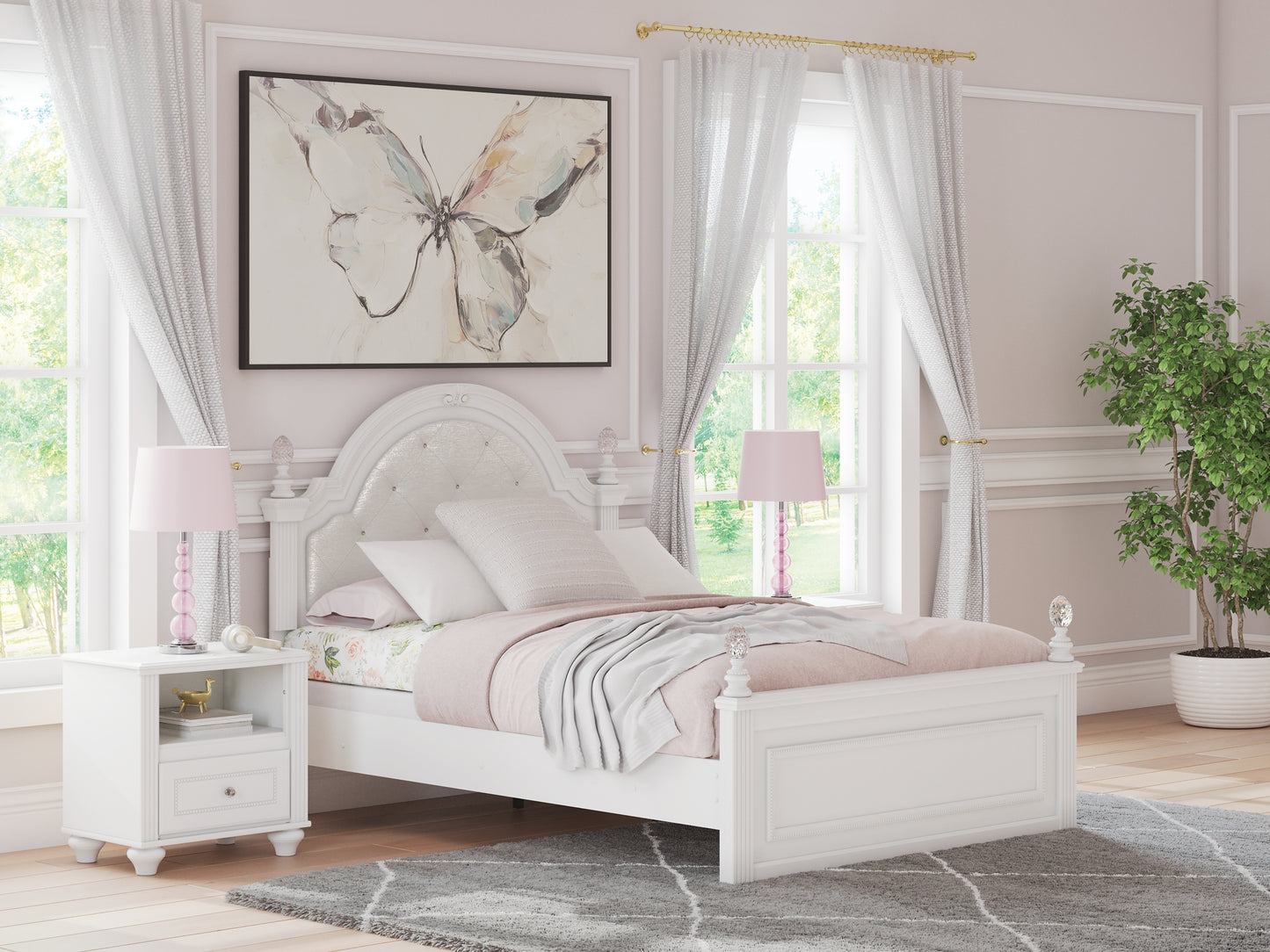 Kozlani Full Upholstered Panel Bed, Dresser and Mirror