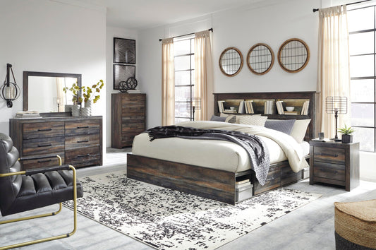 Drystan King Bookcase Bed with 2 Storage Drawers with Mirrored Dresser, Chest and Nightstand