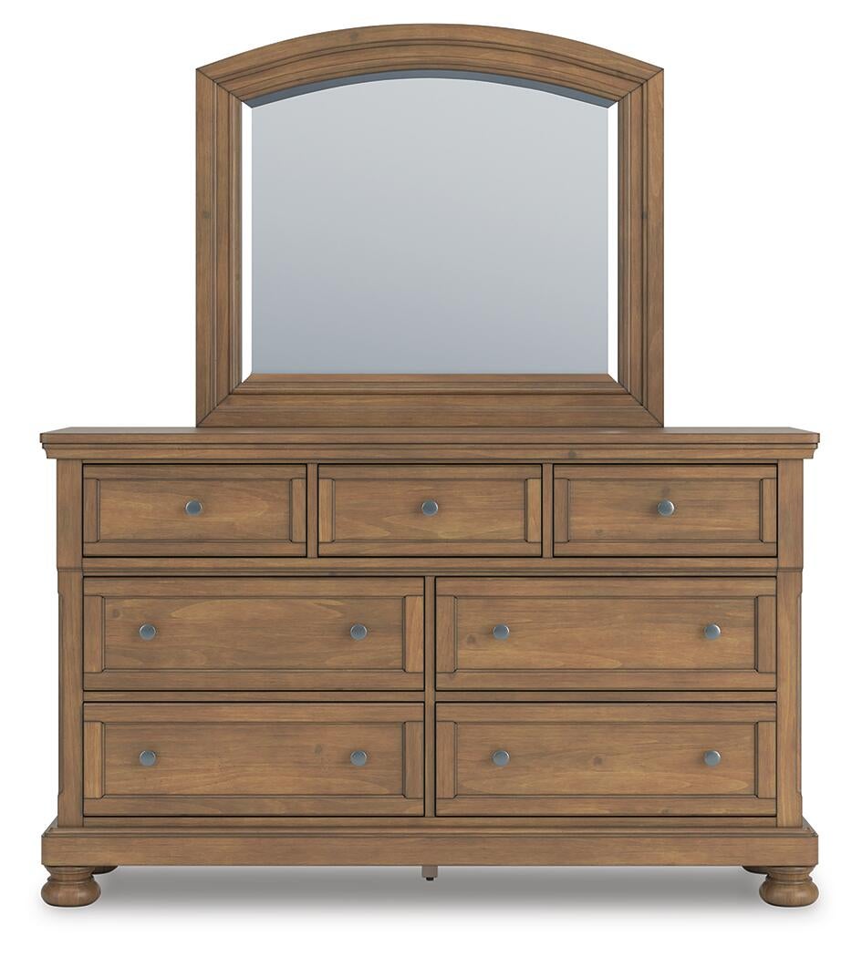 Vandenmore Queen Storage Sleigh Bed with Mirrored Dresser and Nightstand