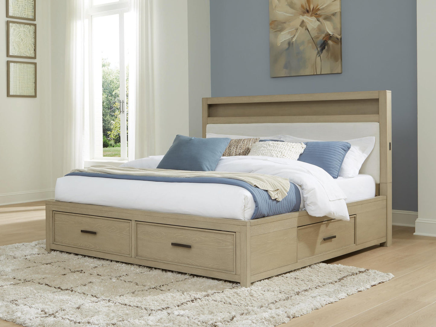Calmoro King Bookcase Bed with Mirrored Dresser and Nightstand