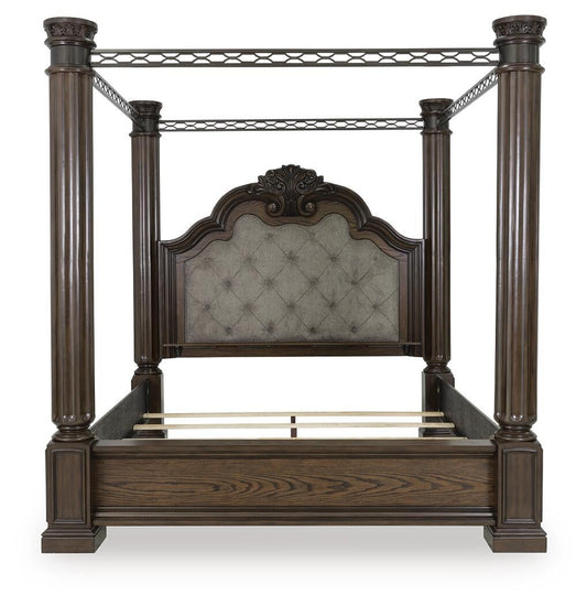 Maylee California King Canopy Bed, Dresser, Mirror and Nightstand