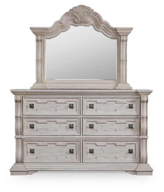 Andonhall King Upholstered Panel Bed with Mirrored Dresser and Nightstand