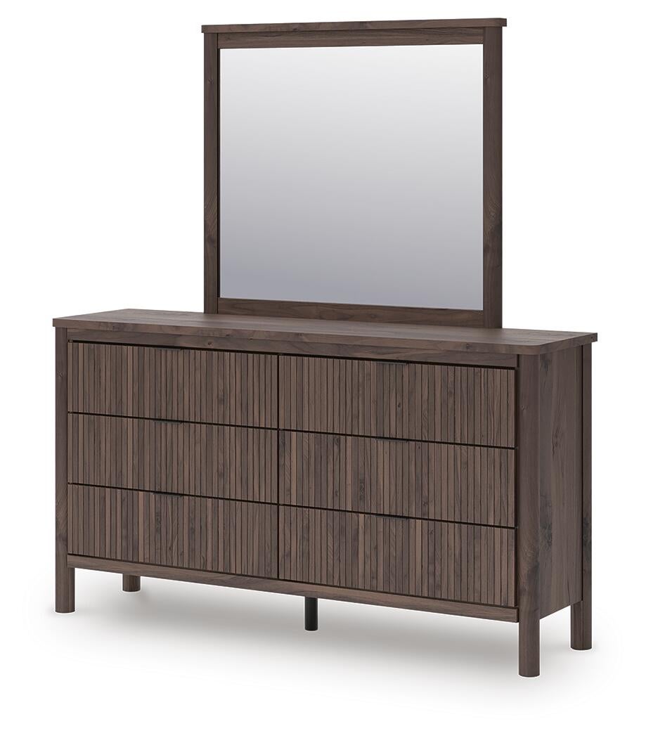 Cadmori King Upholstered Panel Bed, Dresser and Mirror