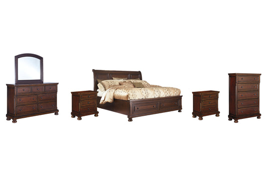 Porter  Sleigh Bed With Mirrored Dresser, Chest And 2 Nightstands